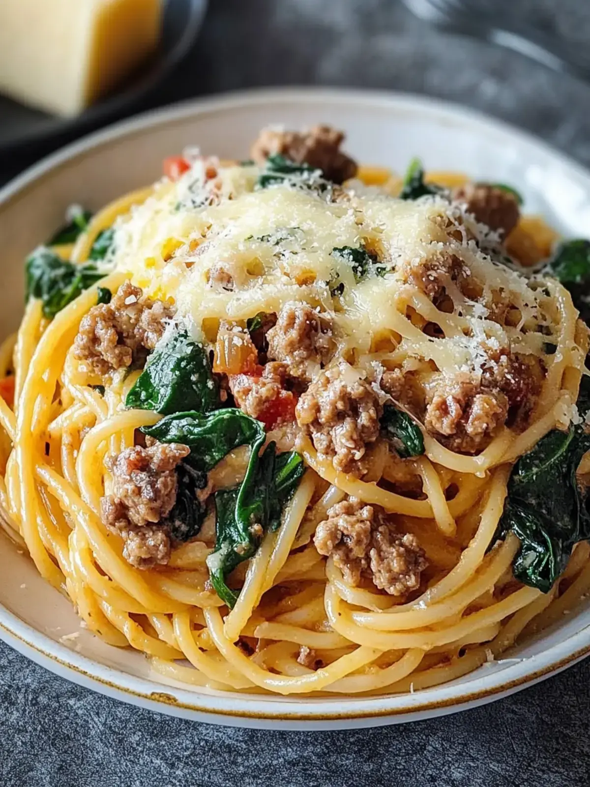 Knoblauchbutter-Spaghetti Wurst Spinat