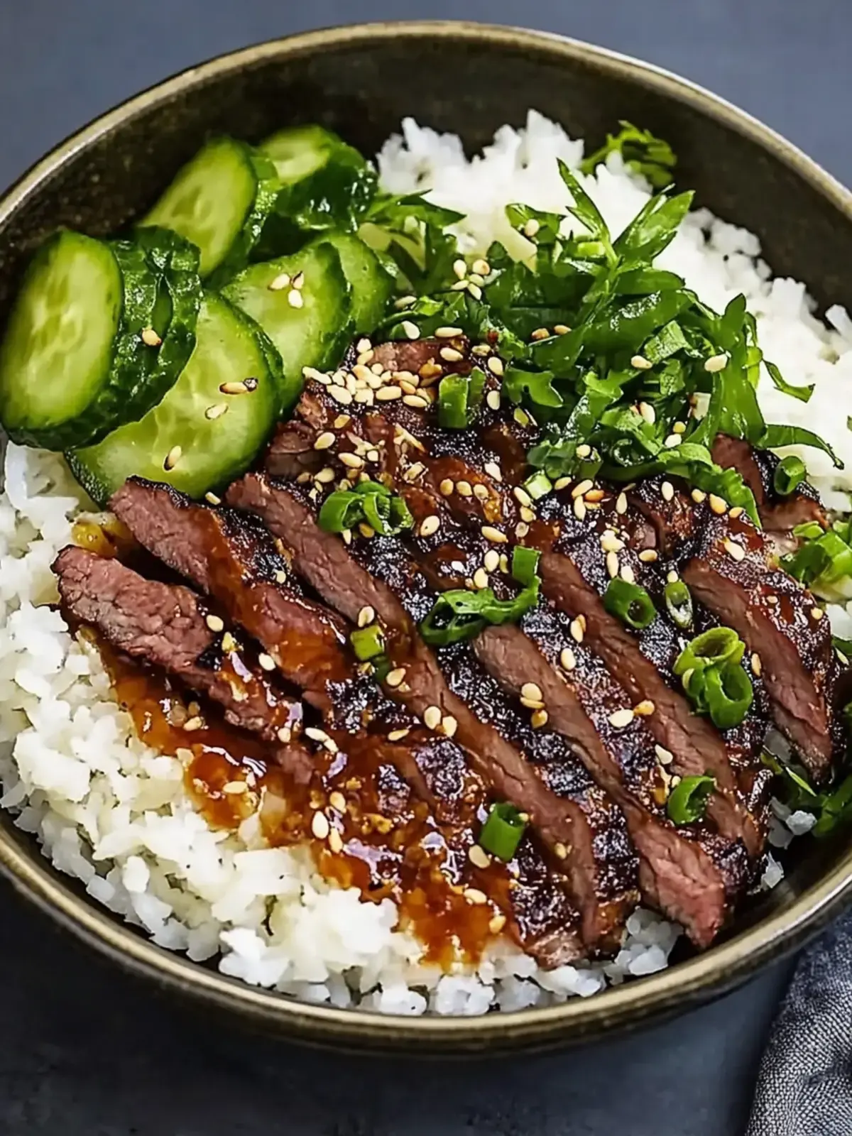 Knusprige Rindfleisch Reis Bowl
