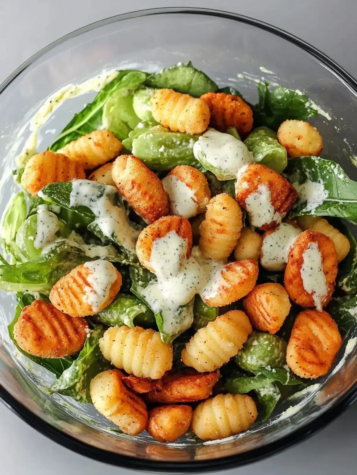 Knuspriger Gnocchi Salat Joghurt Dressing
