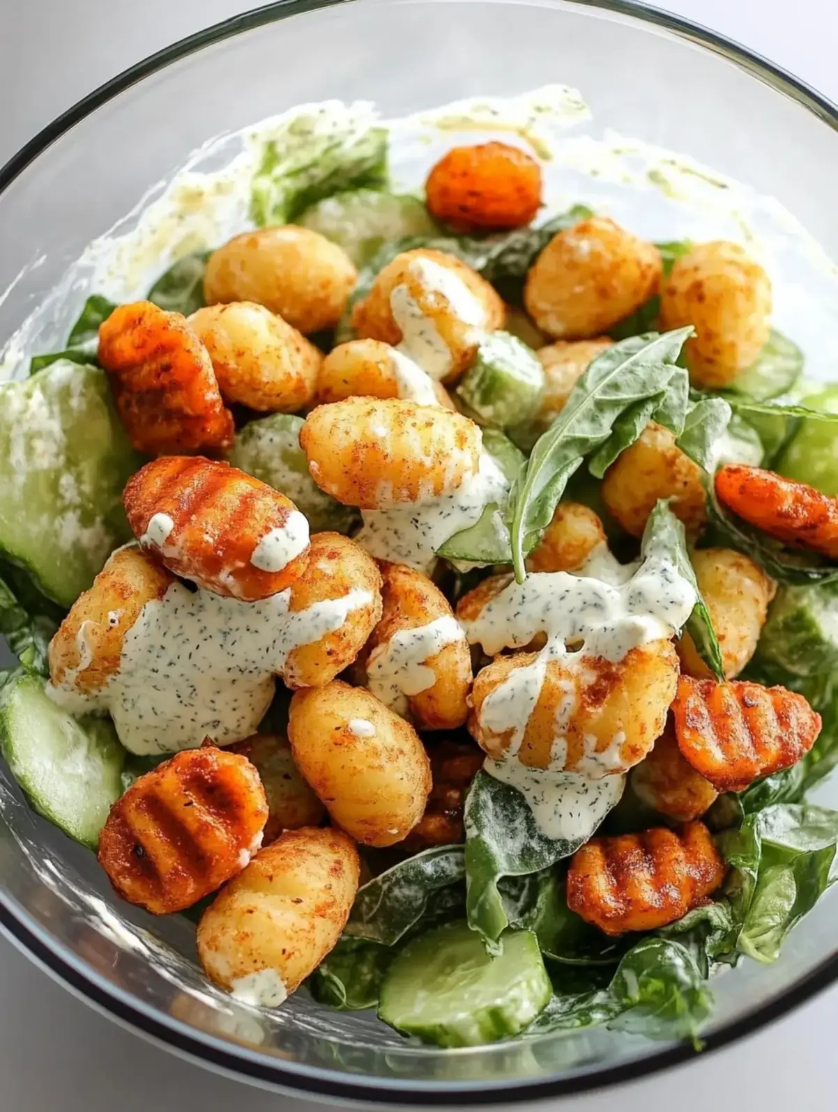 Knuspriger Gnocchi Salat Joghurt Dressing