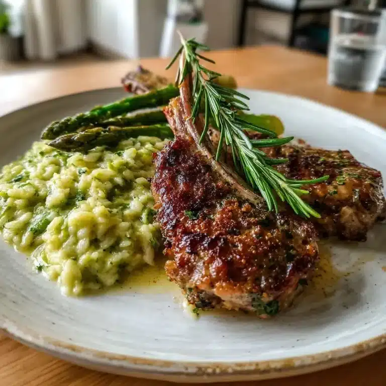 Lammkarree mit Kräuterkruste und Spargel Risotto