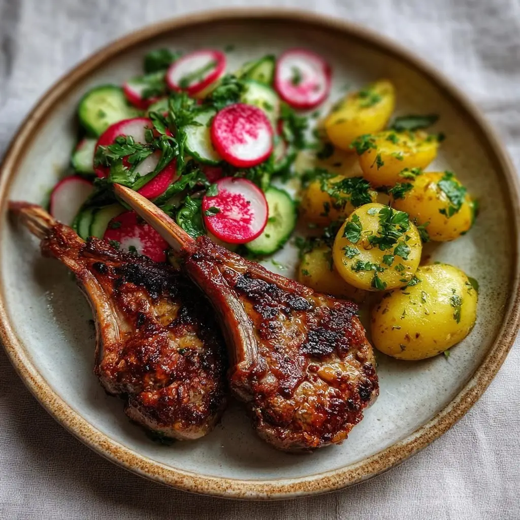 Lammkoteletts mit Radieschensalat und Petersilienkartoffeln