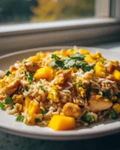 Mango-Hühnchen-Pfanneneis mit Ei und Frühlingszwiebeln