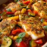 Mediterraner Fischauflauf mit Kabeljau Paprika Zucchini