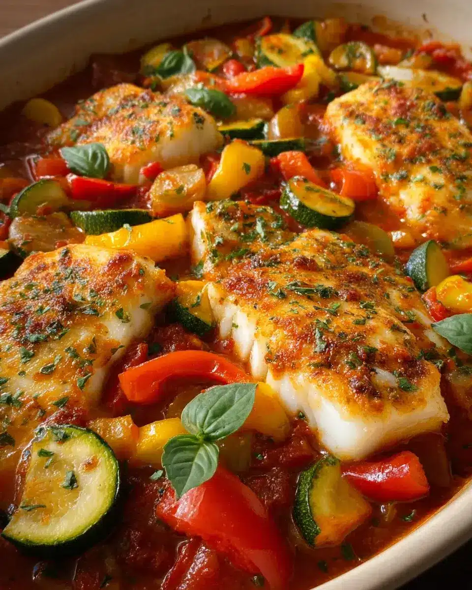 Mediterraner Fischauflauf mit Kabeljau Paprika Zucchini