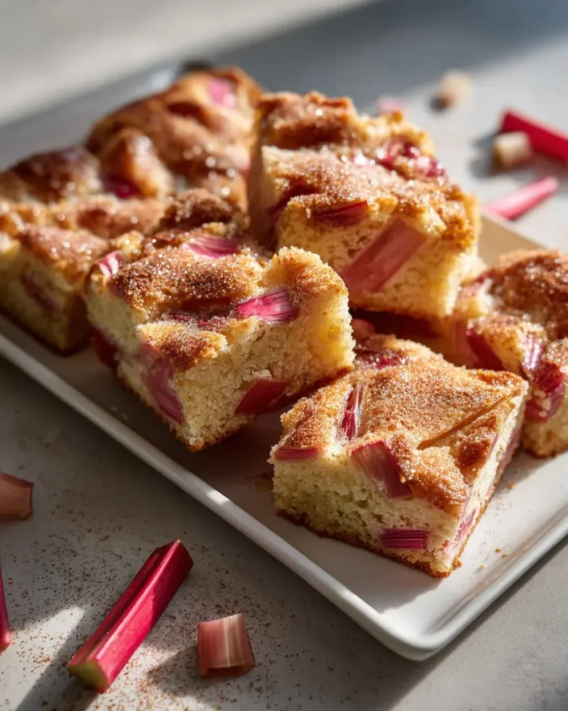 Saftiger Rhabarberkuchen vom Blech mit Zimt-Zucker-Kruste