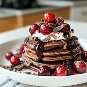 Glutenfreie Schokoladenproteinpfannkuchen mit Kirschen