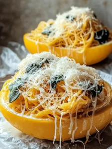 Cremiger Spaghettikürbis mit Spinat und Pilzen