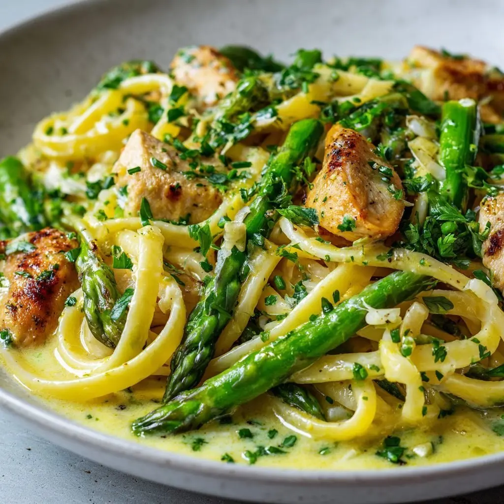 Spargel-Pasta mit Hähnchen