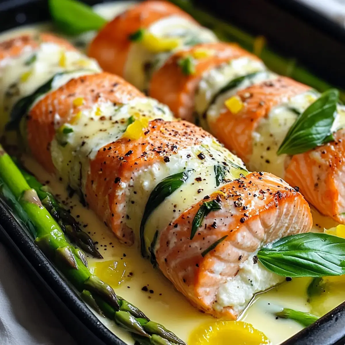 Spargel und Zitrone-Basilikum Ricotta gefüllte Lachsrollen