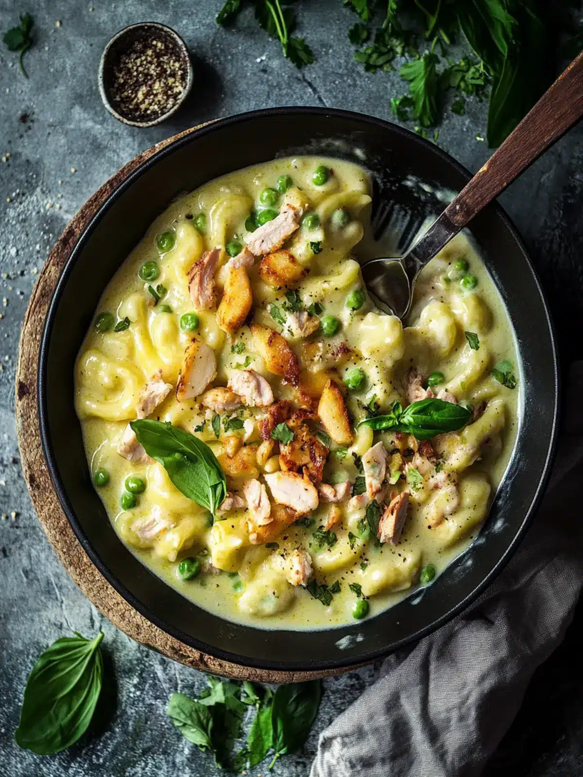 Spätzle Pfanne mit Hähnchen in Bärlauchrahm