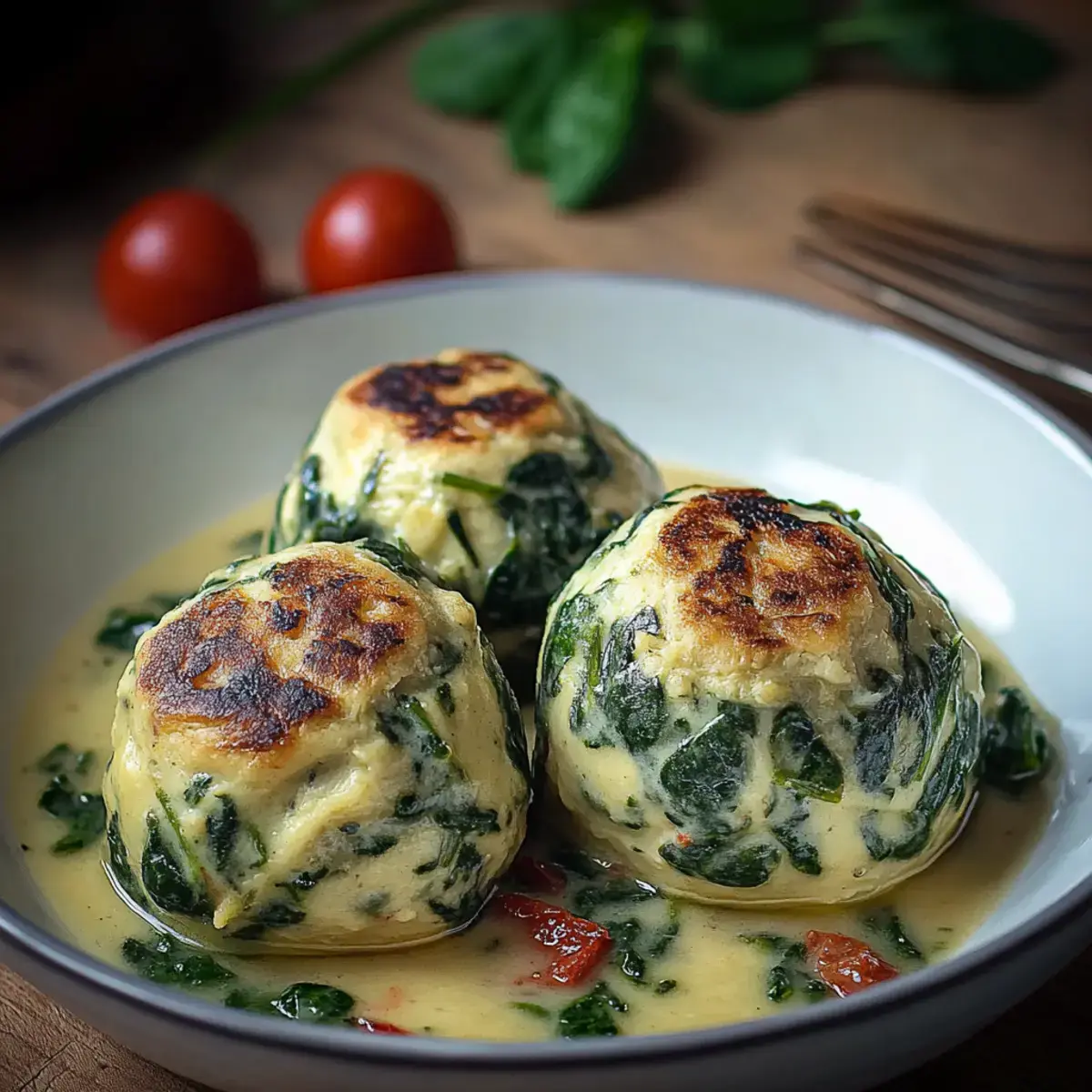 Köstliche Suedtiroler Spinatknoedel mit Pilzrahm zum Verlieben 4 Südtiroler Spinatknödel mit Pilzrahm