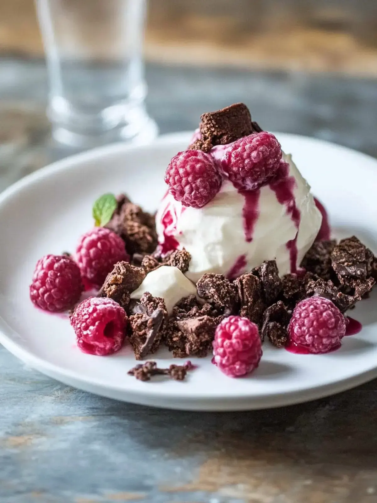 Tonkabohnen Eis mit Brownie Krümel und Himbeer Espuma