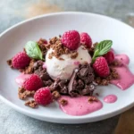 Tonkabohnen Eis mit Brownie Krümel und Himbeer Espuma