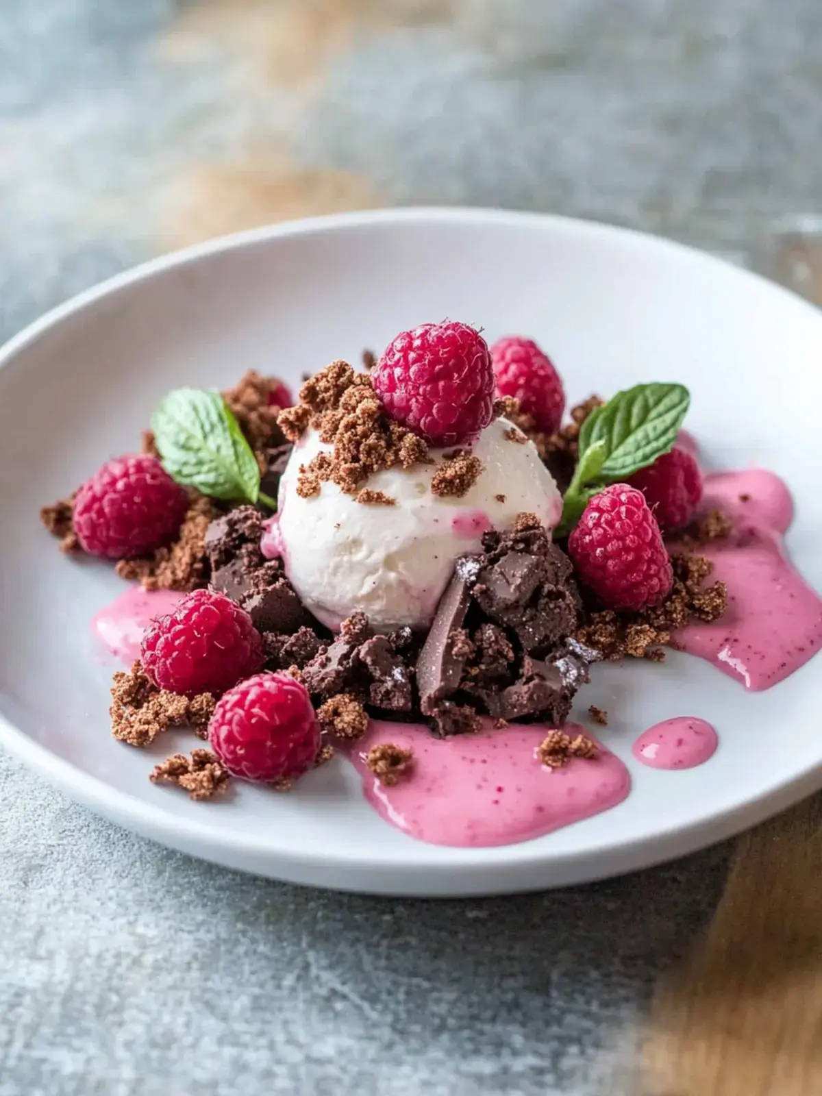 Tonkabohnen Eis mit Brownie Krümel und Himbeer Espuma