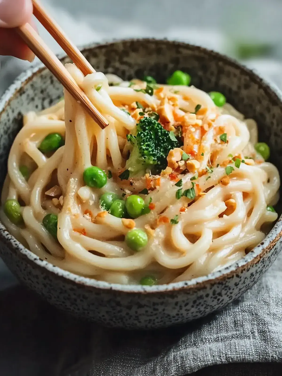 Udon Nudeln Erdnusssauce Gemüse