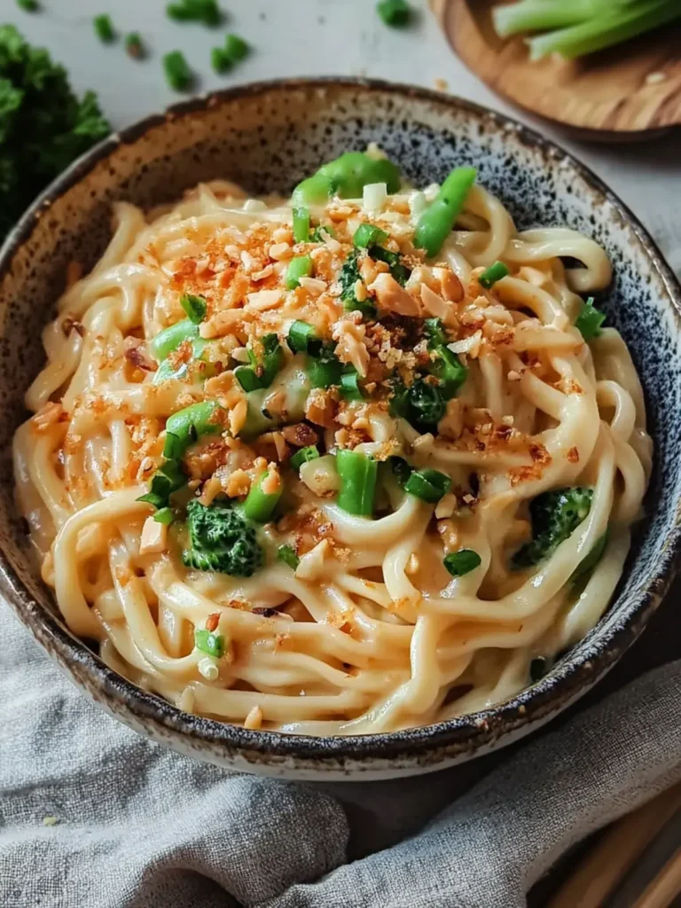 Köstliche Udon-Nudeln mit Erdnusssauce und frischem Gemüse