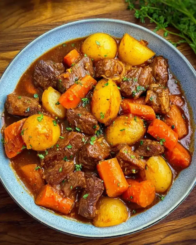 Zarter Gulasch Eintopf mit Kartoffeln und Möhren