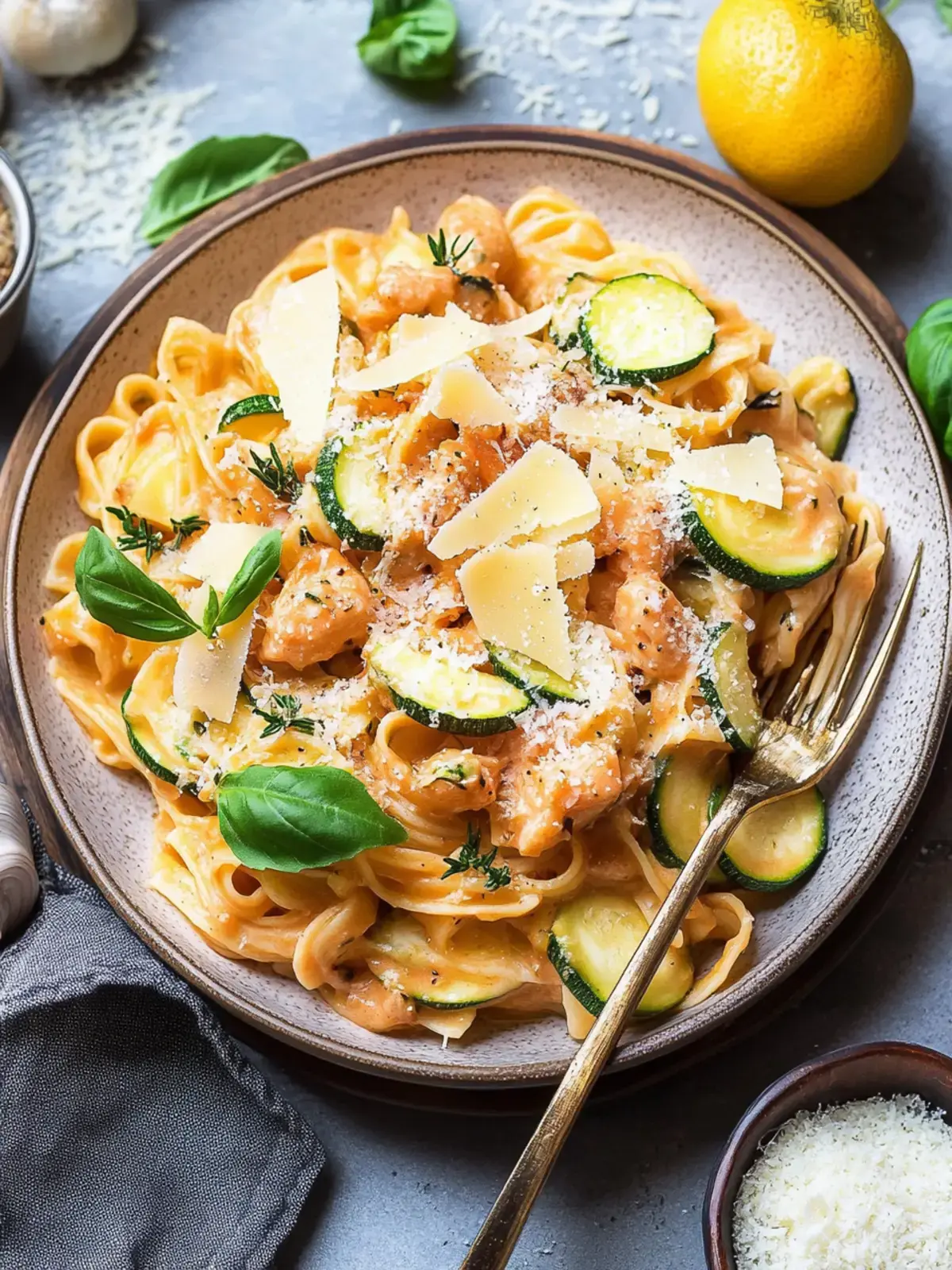 Zucchini Parmesan Pasta mit Hähnchen und Pinienkernen