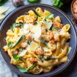 Zucchini Parmesan Pasta mit Hähnchen und Pinienkernen