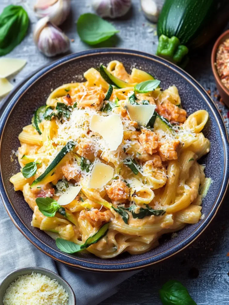 Zucchini Parmesan Pasta mit Hähnchen und Pinienkernen