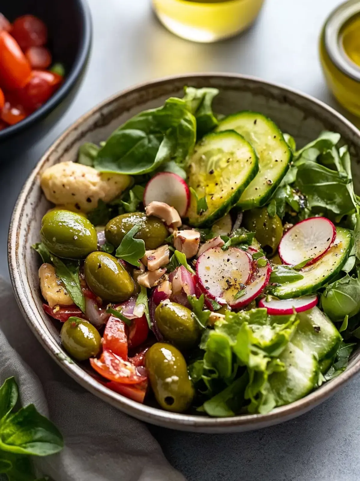 eingelegter grüner Oliven Bohnensalat