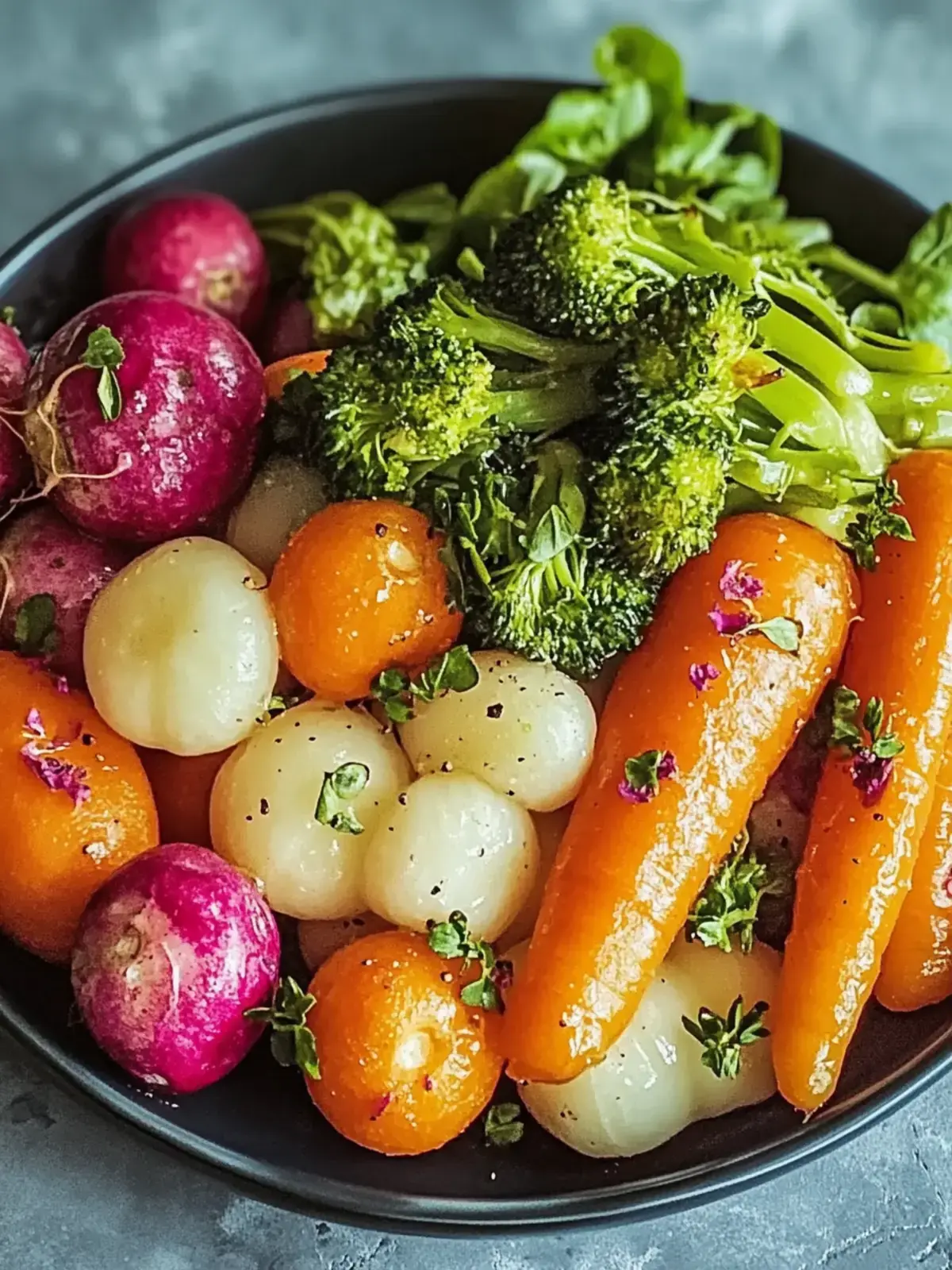 krosse Ahornsirup-glasierte Karotten und Rosenkohl