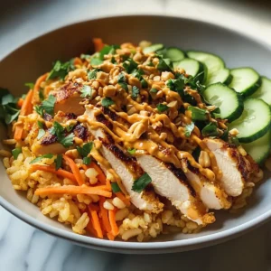 Bester knuspriger Hühnchen-Reis-Salat mit Erdnussdressing