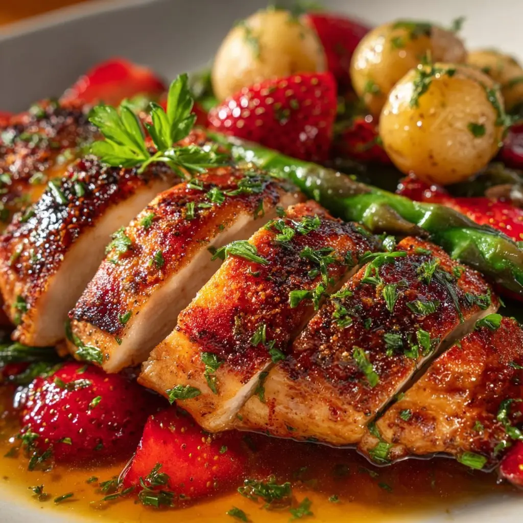 Gebratene Maishähnchenbrust Spargel Erdbeer Ragout