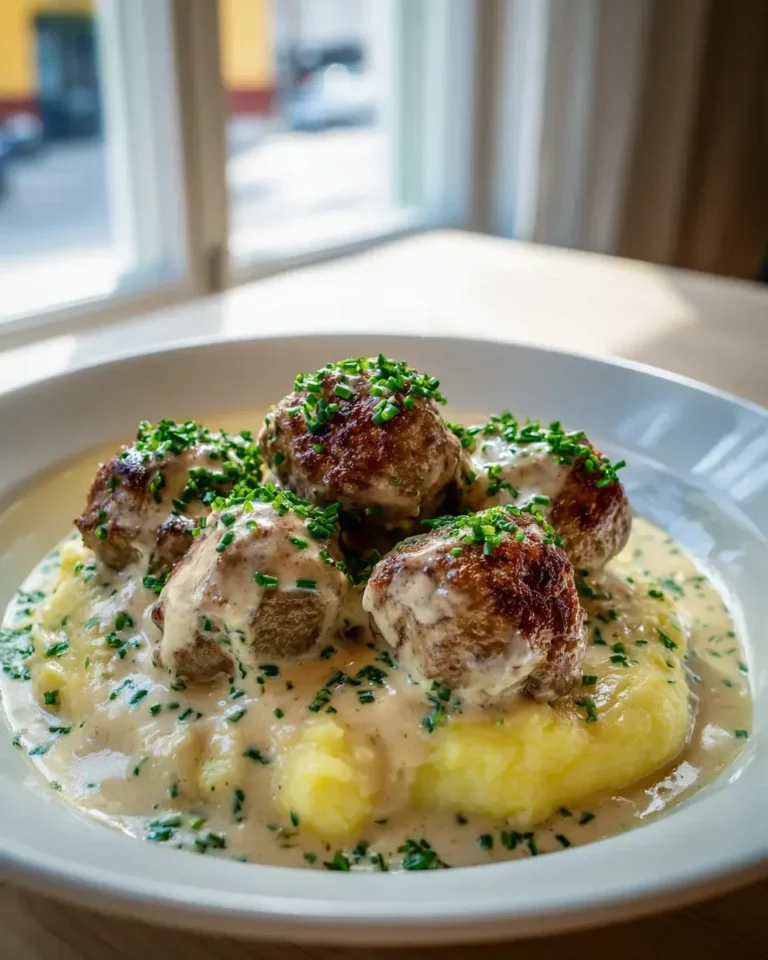 Hackbällchen in Sahnesauce mit Püree