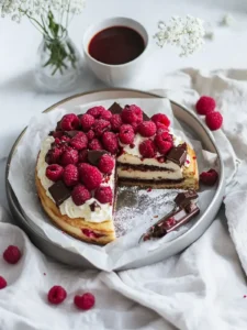 Fluffige Herz-Pfannkuchen mit Beeren und Schokolade für Verliebte