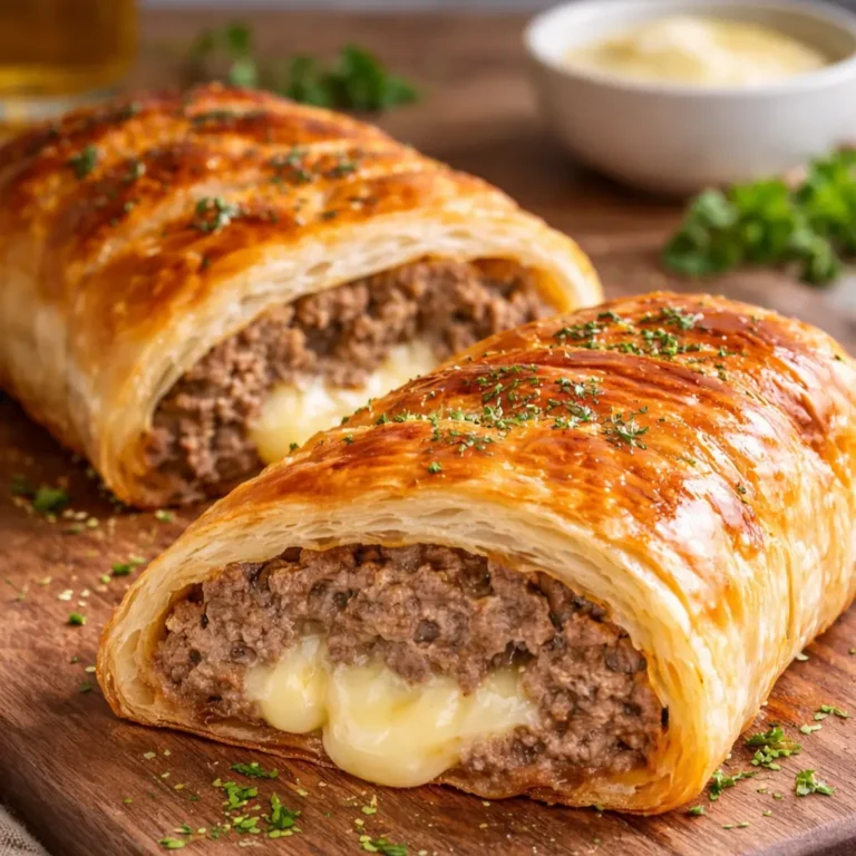 Herzhafte Hackfleisch-Käse-Blätterteig-Rolle