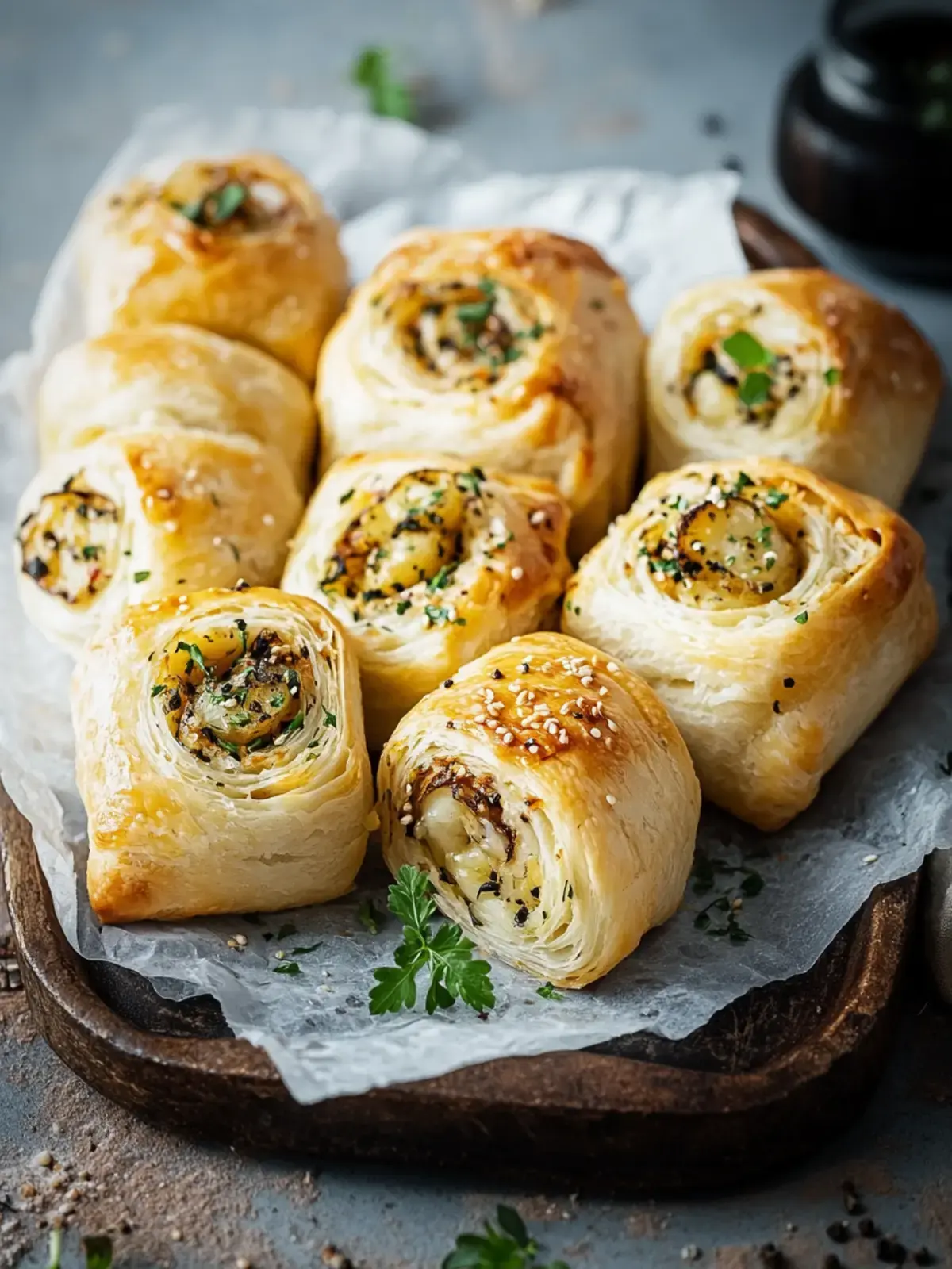 Käse-Zwiebel-Kartoffel-Blätterteig-Rollen