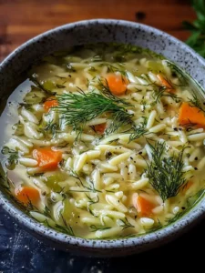 Wärmende Orzo, Lauch und Dill Suppe