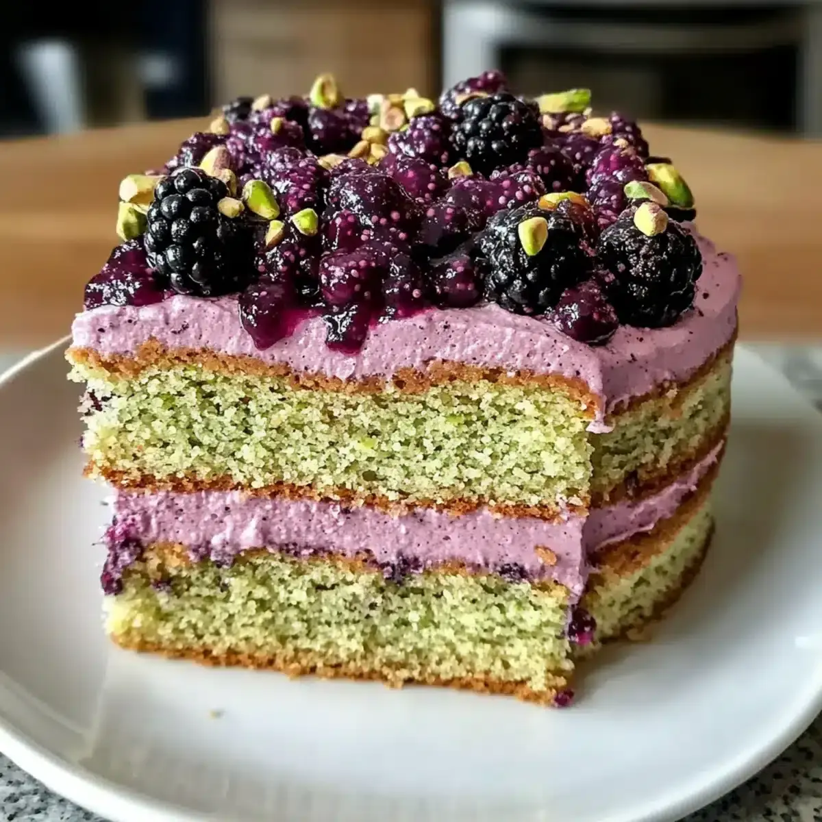 Pistazien- und Brombeer-Olivenölkuchen