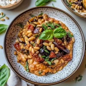 Sonnengetrocknete Tomatenbohnen mit gerösteter Aubergine