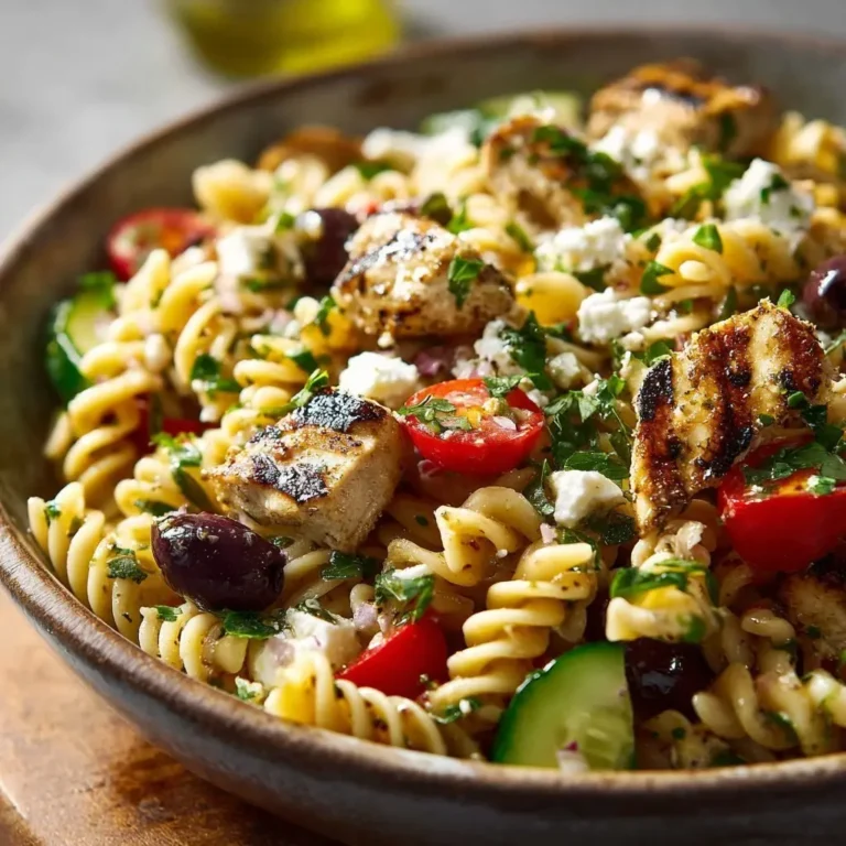 mediterraner nudelsalat mit gegrilltem hähnchen