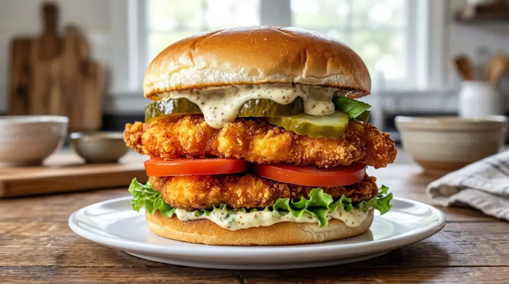 Dijon Mayonnaise eingelegtes knuspriges Hähnchen Sandwich