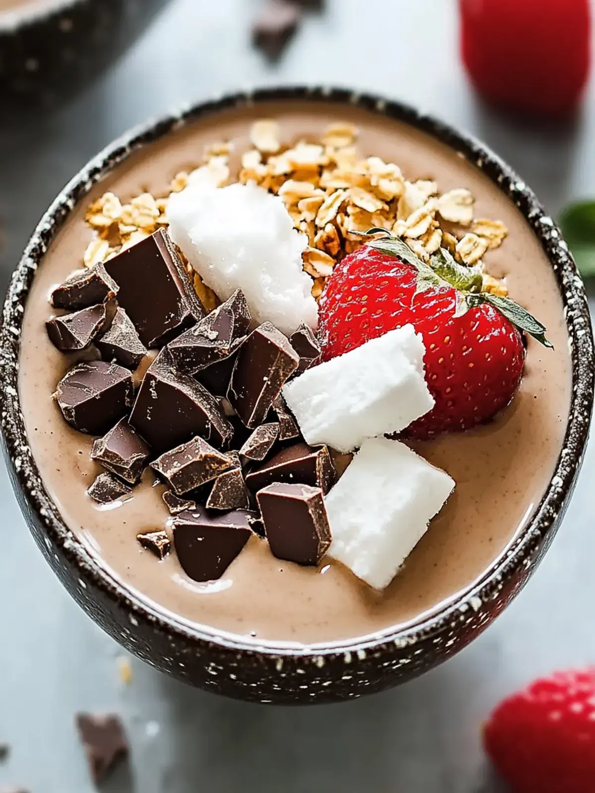 Dunkle Schokolade und geröstete Kokosnuss Smoothie Schüssel – Ein köstlicher Genuss 2 Dunkle Schokolade Kokosnuss Smoothie Schüssel