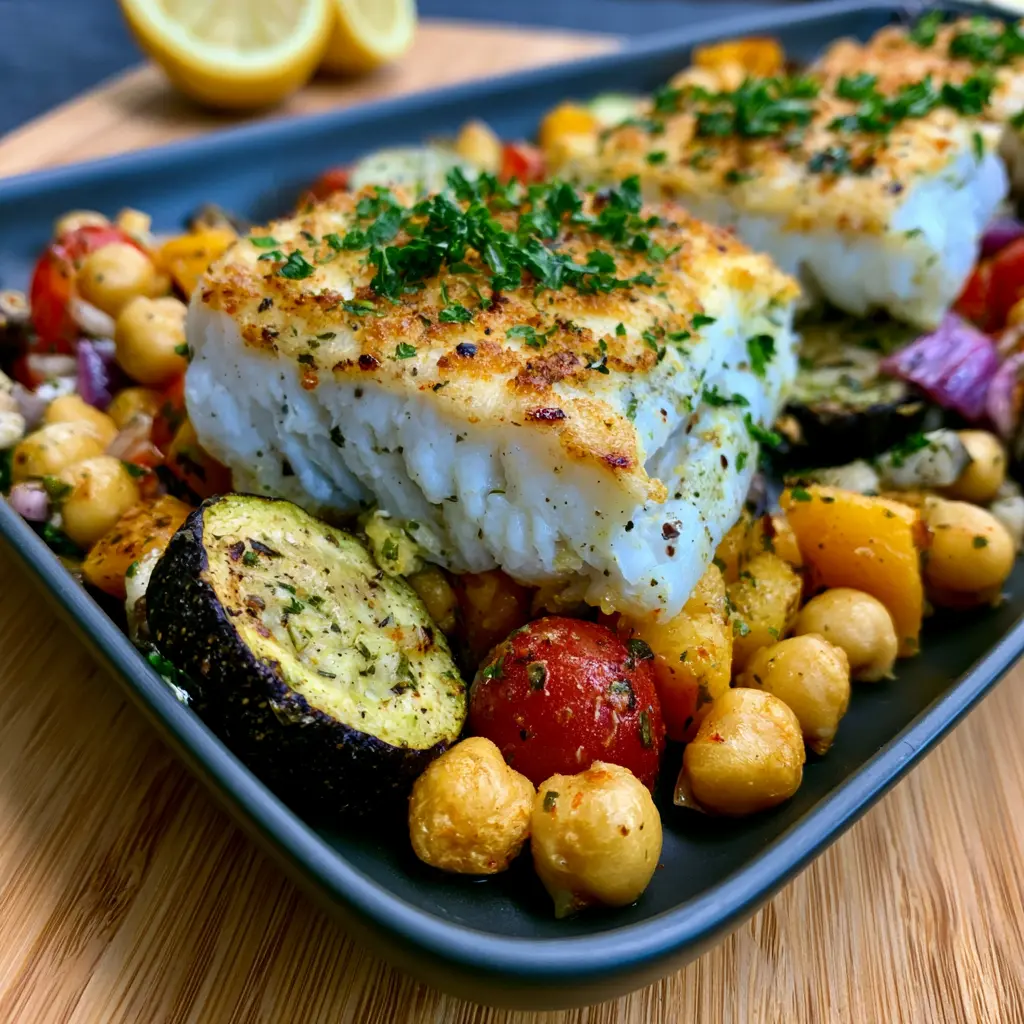 Gebackener Kabeljau mit mediterranem Gemüsesalat und Kichererbsen - LNNRW 2 Gebackener Kabeljau mit Kichererbsen