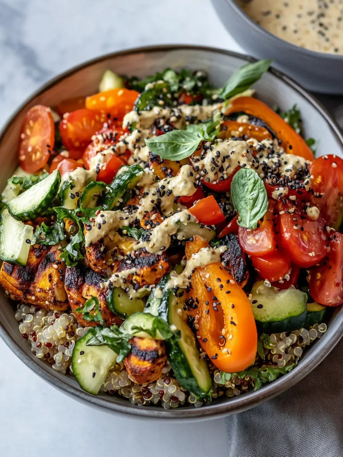 Leckere geröstete Gemüse Quinoa Bowls mit cremigem Tahini-Dressing 2 Geröstete Gemüse Quinoa Bowls Tahini-Dressing