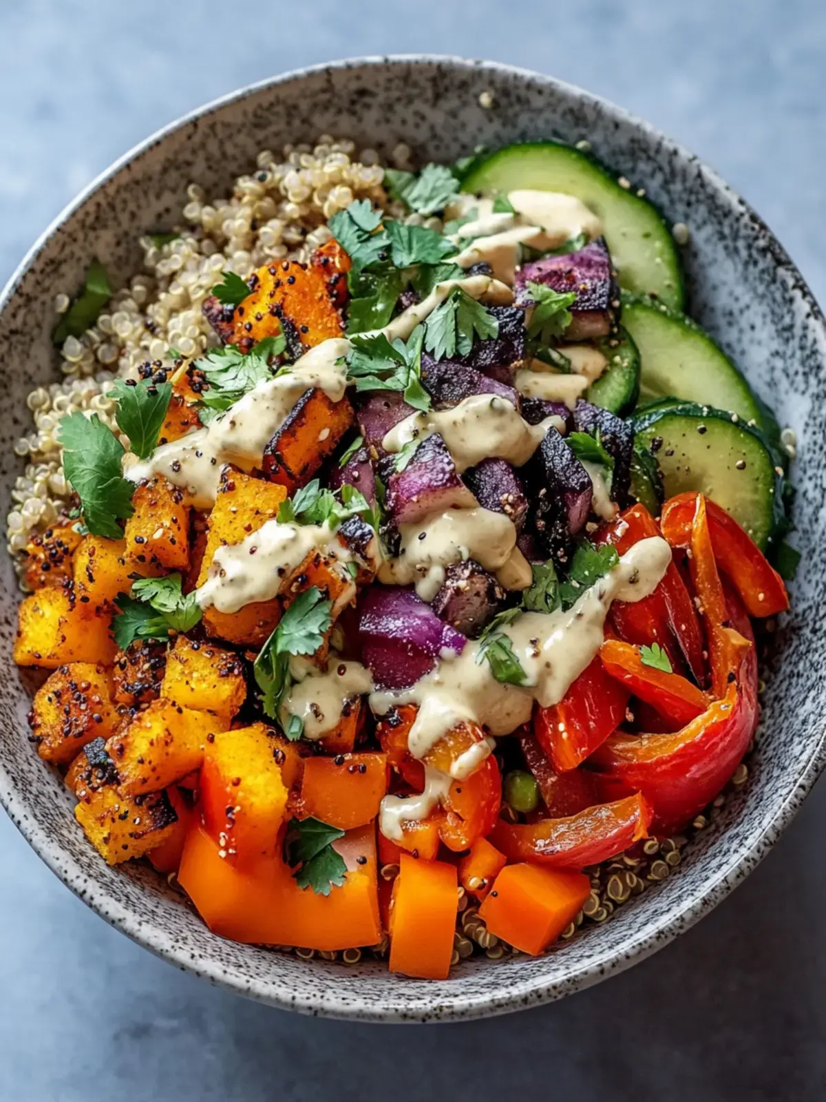 Geröstete Gemüse Quinoa Bowls Tahini-Dressing