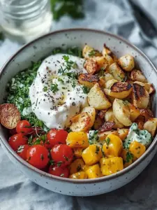 Hähnchen-Gemüse-Bowl mit Ofenkartoffeln und Kräuterquark