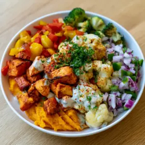 Hähnchen-Süßkartoffel-Bowl mit geröstetem Gemüse