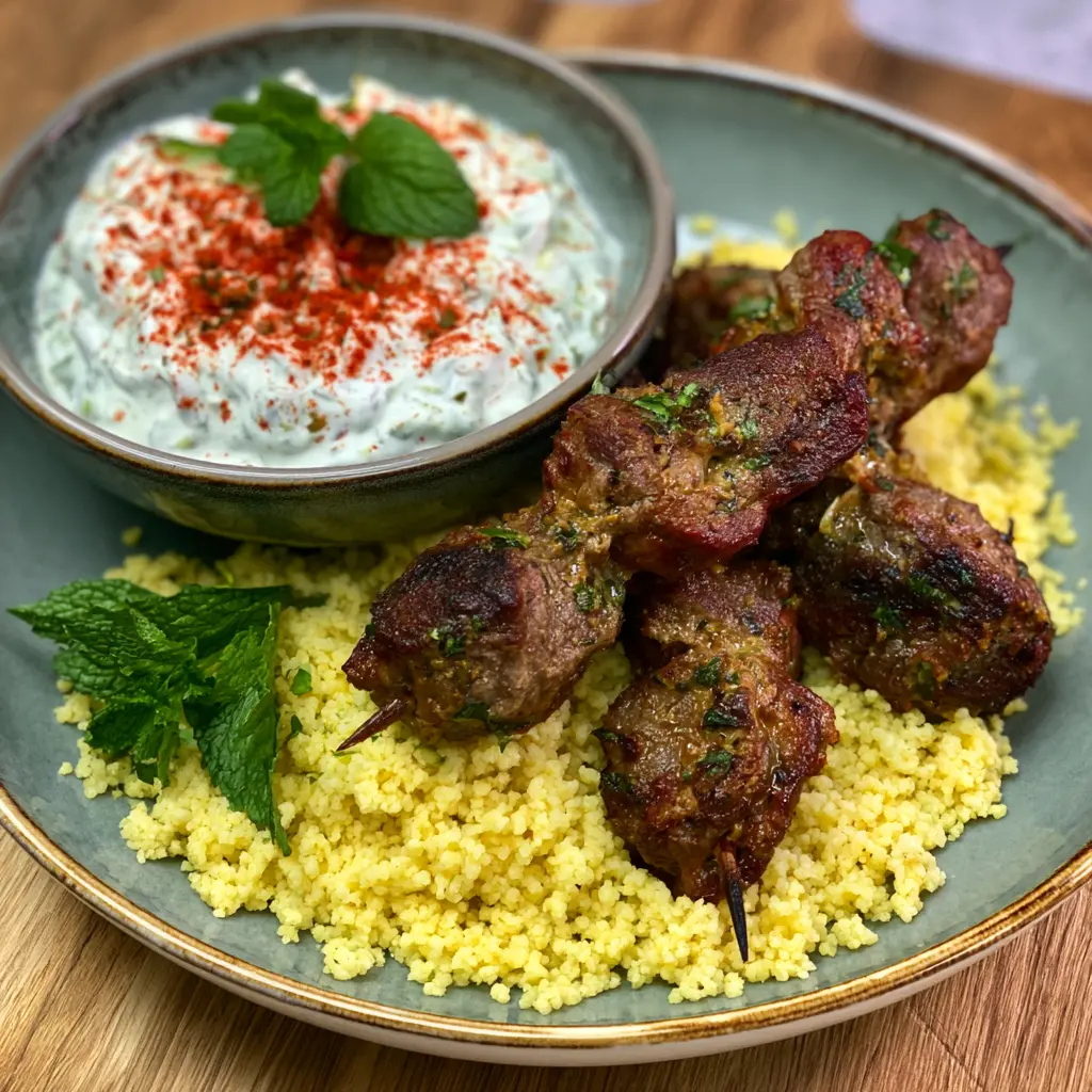 Lamm-Kebab-Spieße mit Couscous und Gurken-Minz-Joghurt - LNNRW 2 Lamm Kebab Spieße
