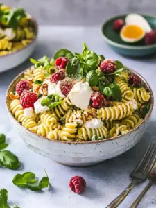 Pesto-Nudeln mit Rucola, Spargel, Erbsen und Pistazien