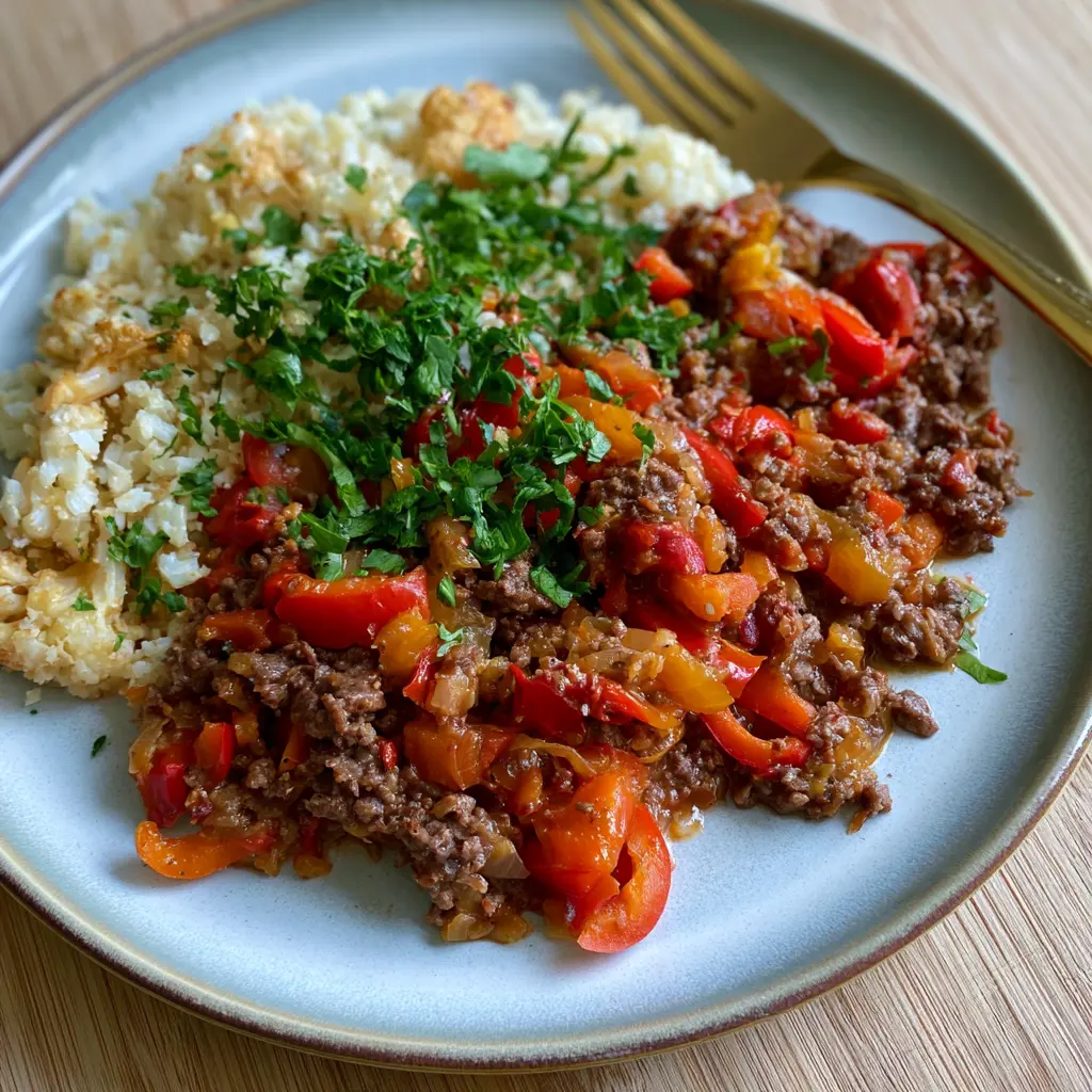 Rinderhackfleisch-Paprika-Pfanne mit Blumenkohlreis - LNNRW 2 Rinderhackfleisch Paprika Pfanne Blumenkohlreis