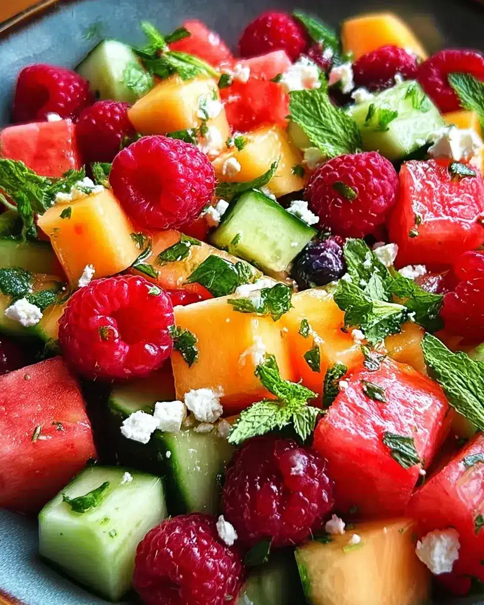 Sommersalat mit Melone, Gurke und Himbeeren 2 Sommersalat mit Melone