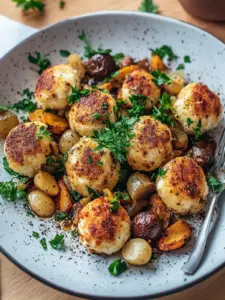 Herzhafte Vegane Mini Knödel Pfanne mit Hack und Pilzen