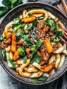 Leckere vegane Udon-Nudeln mit würziger Sesam-Garlic-Soße
